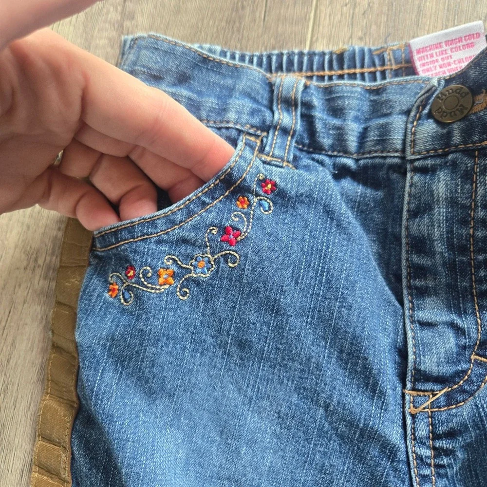 Mudd Girls Blue Flare Jeans Floral Embroidered Side Stripe Denim Pants 3T Y2K